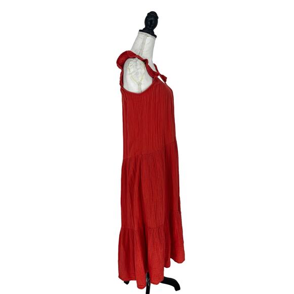 Xirena Rumer Scoop Neck Flutter Sleeve Gauze Tiered Midi Dress in Paprika - Picture 10 of 14